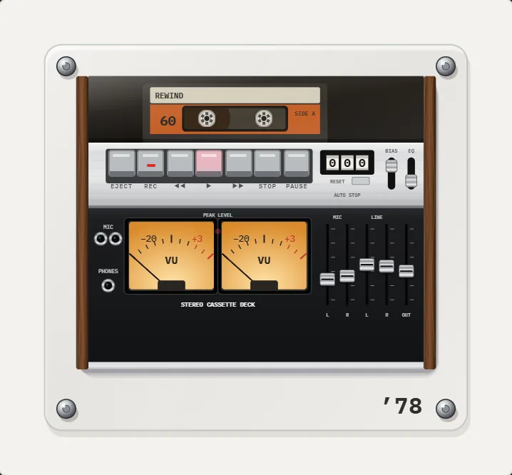1978 Cassette deck in REWIND